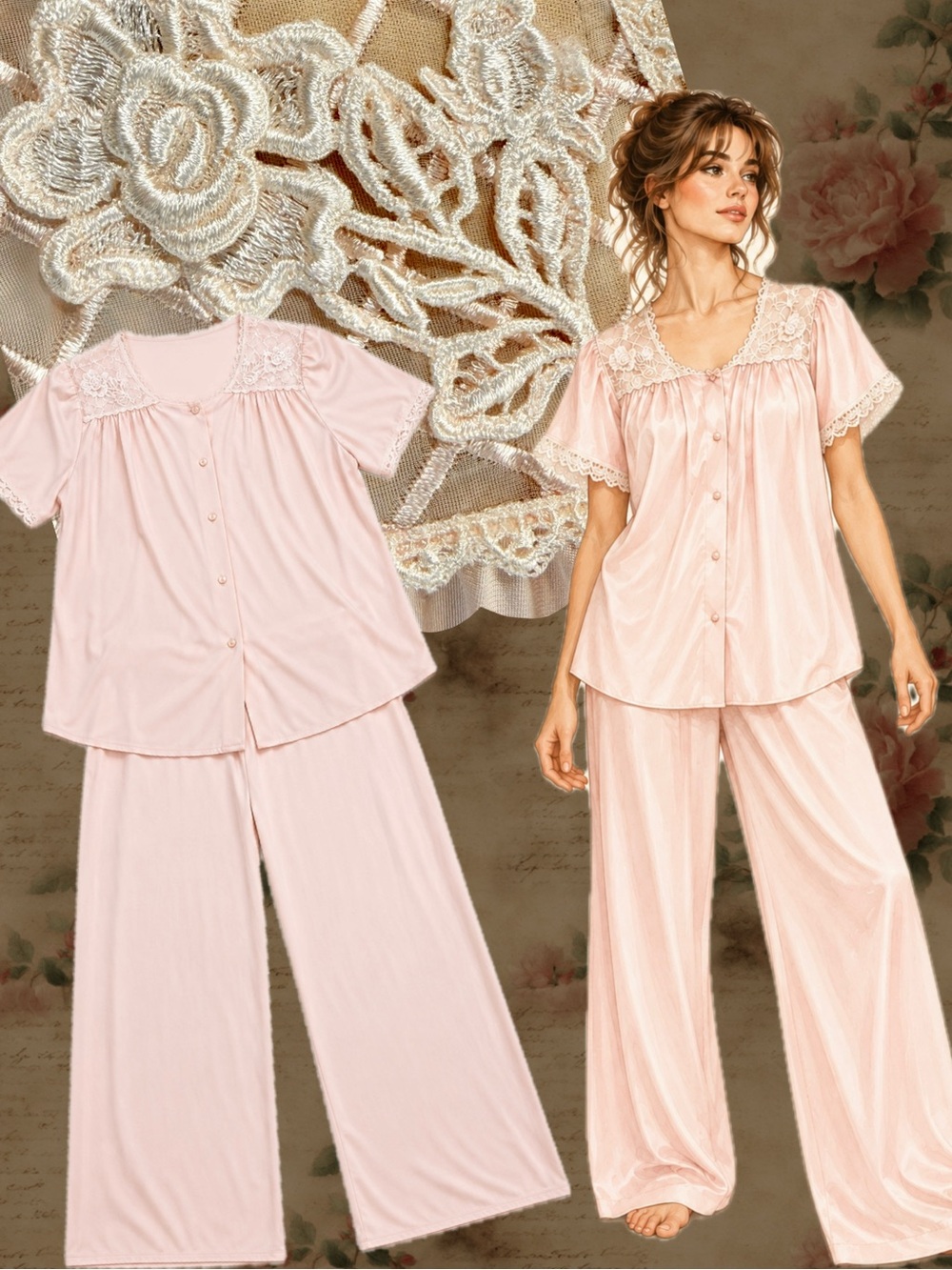 VINTAGE 80s pajama set pants button down top embroidered rose floral blush pink